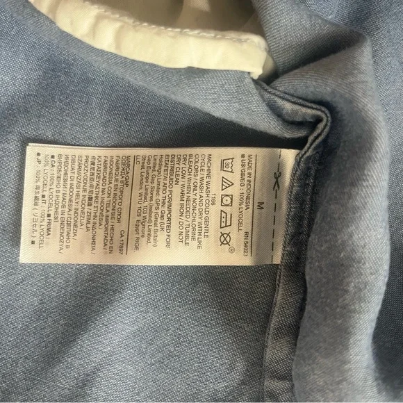 GAP Women’s Blue Chambray Faux Wrap V~Neck Tie Sleeve Belted Mini Dress Sz M - Picture 8 of 8